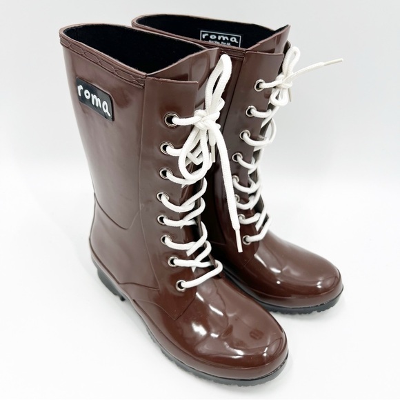 Roma NEW Lace Up Rubber Rain Boots - Picture 1 of 11